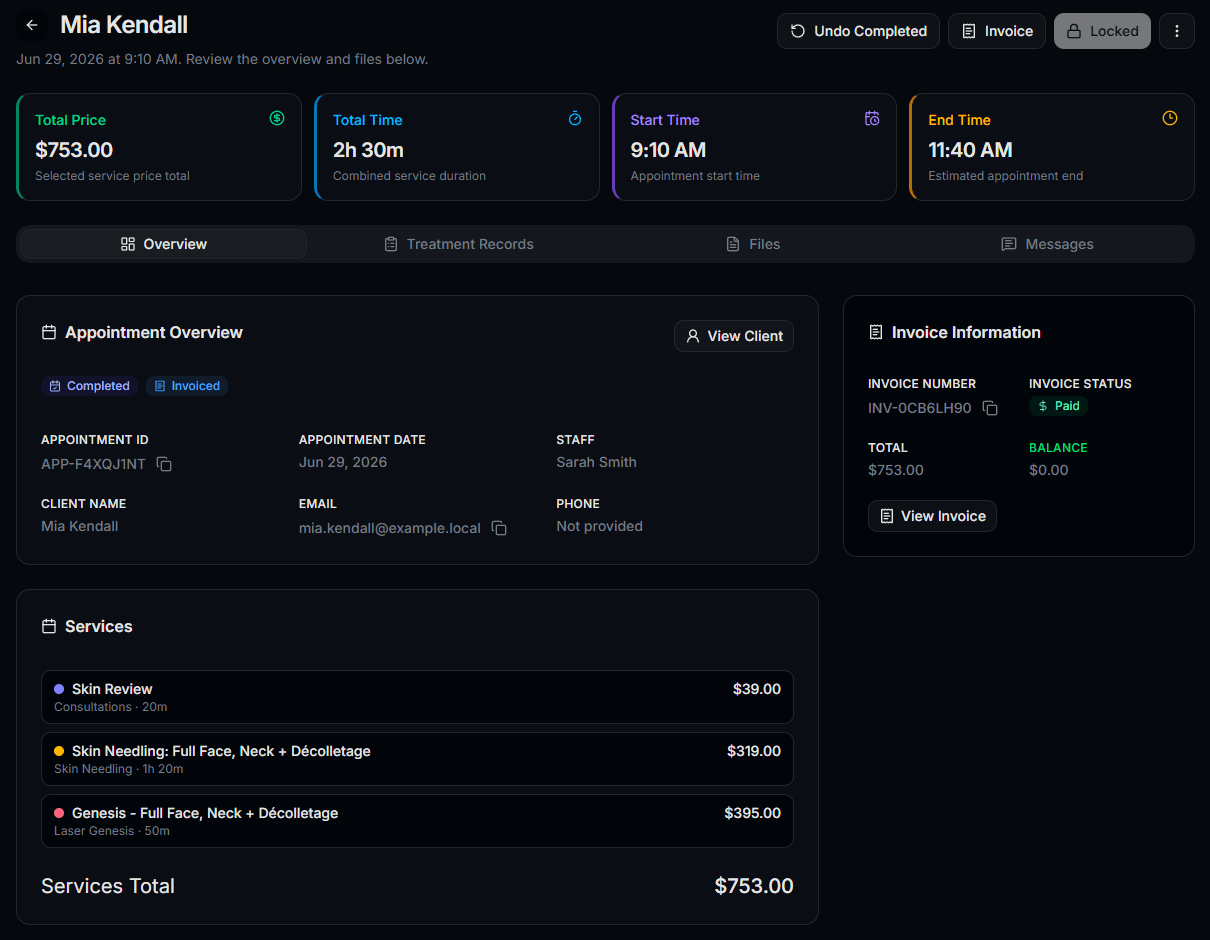 Appointment record showing scheduled time, client details, treatment context, and status