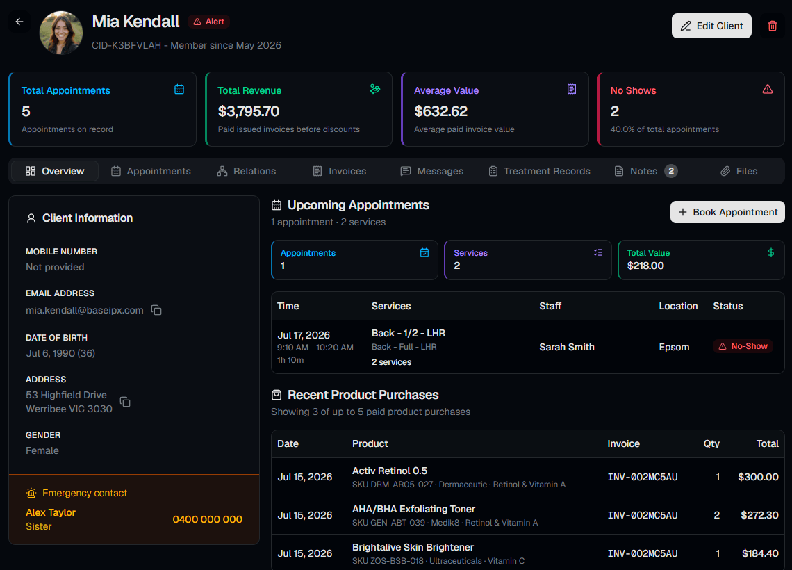 Client profile showing linked appointment history, invoices, and contact details